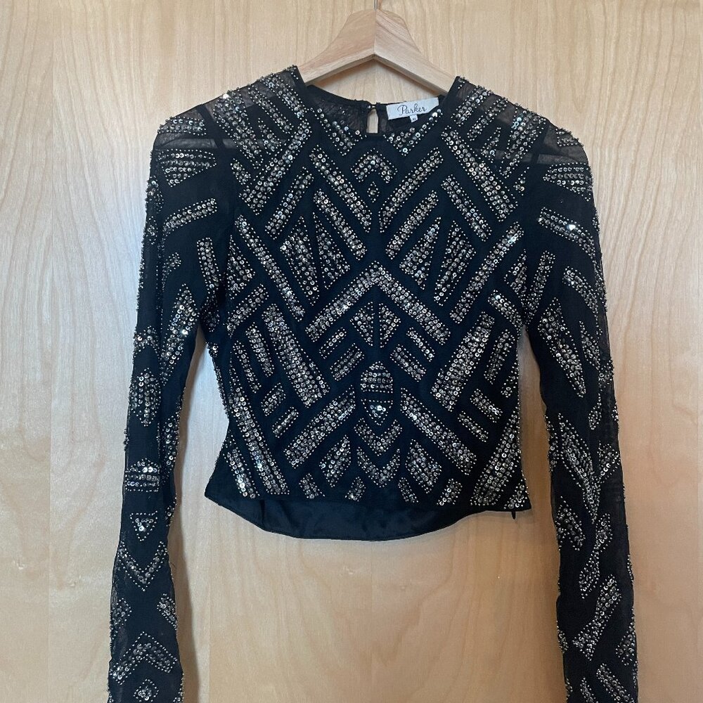 Parker Black Sequin Beaded Long Sleeve Top - Size XS
